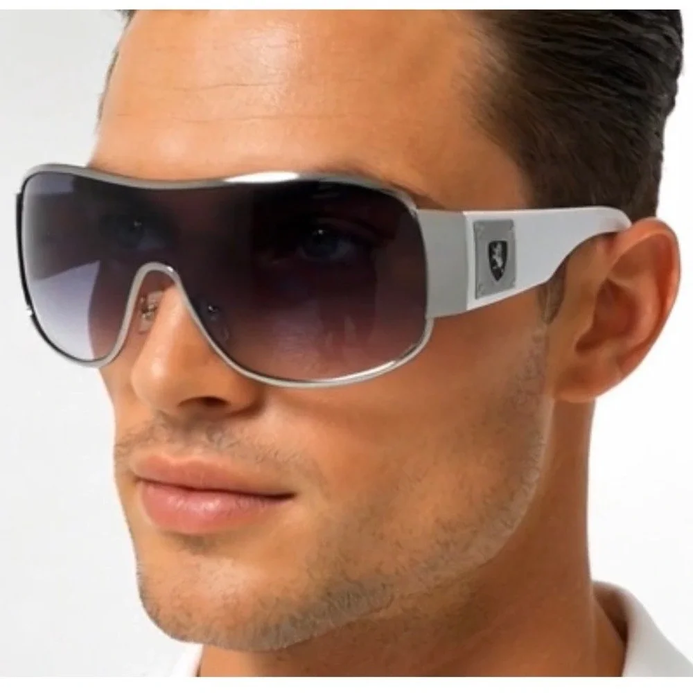 Men Shield Sunglasses Silver White Wrap Oversize Smoke Gradient Lens Performance